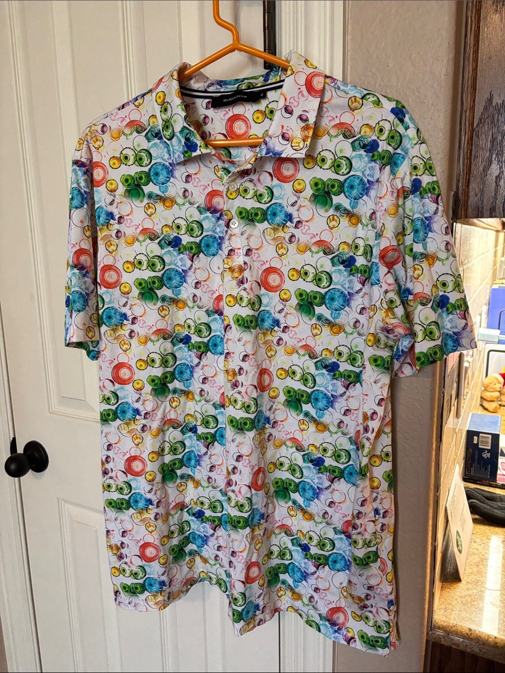 Bugatchi White Short Sleeve Button-Down Shirt with Multi-Color Circle Print